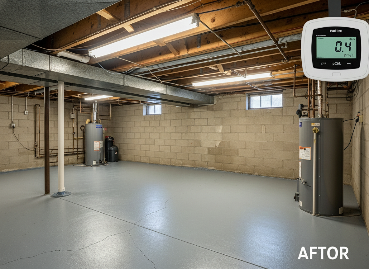 After radon mitigation — meter reading 0.4 pCi/L in Cedar Rapids basement