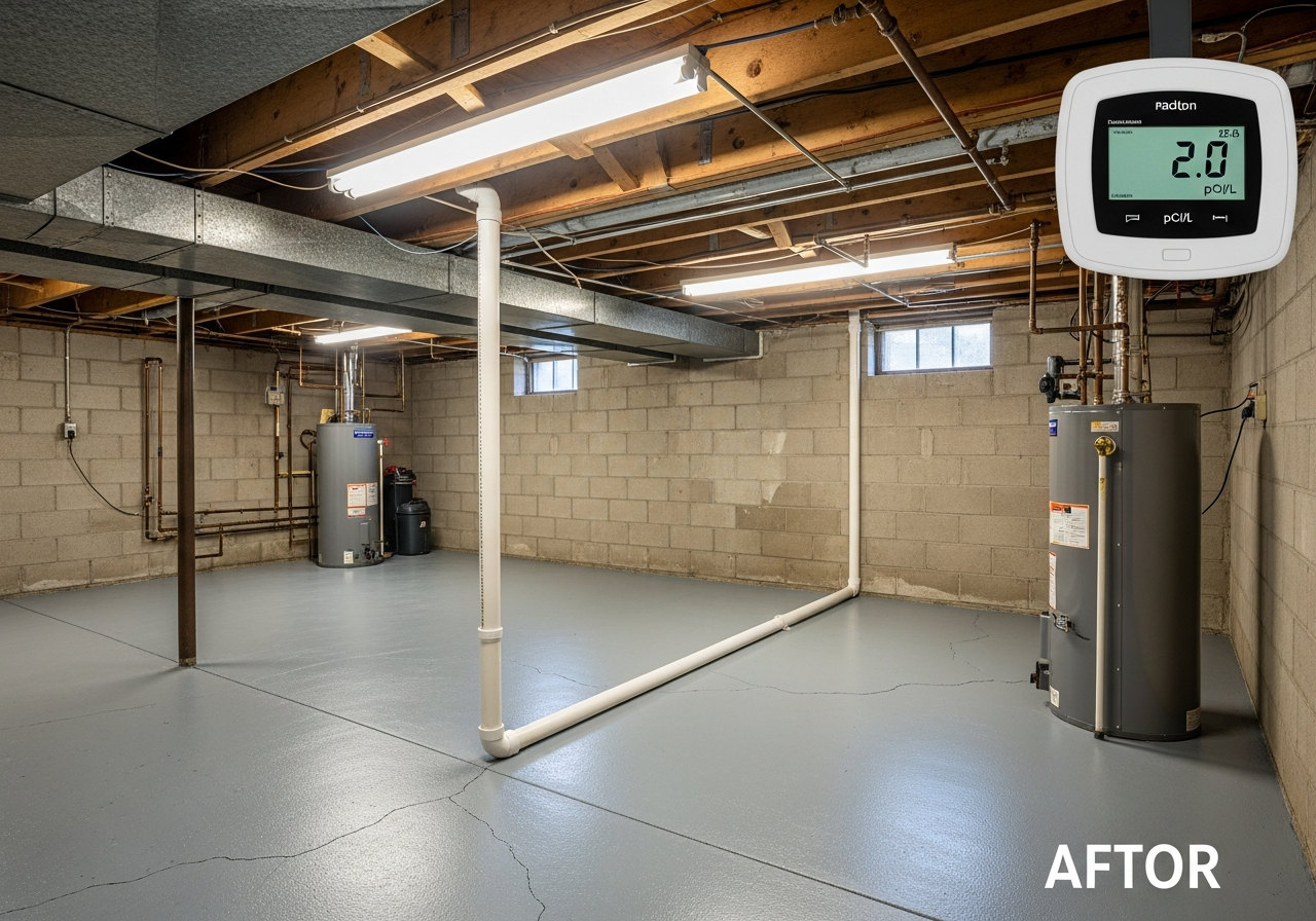 Before radon mitigation — meter reading 4.8 pCi/L in Cedar Rapids basement